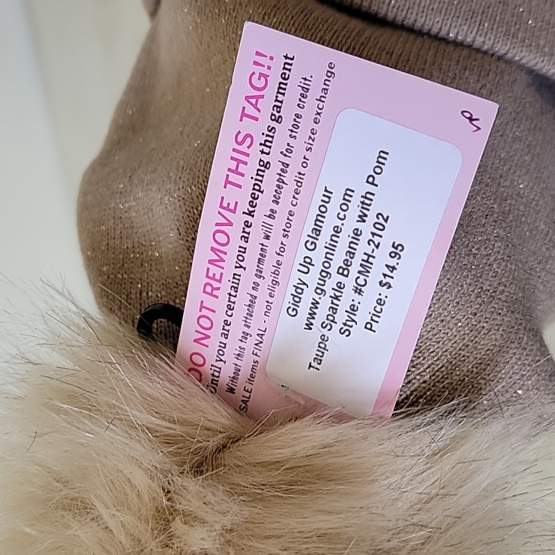 Nwt Giddy Up Glamour Taupe Knit Beanie With Gold Shimmery Sparkle And Pom — image 6 of 8